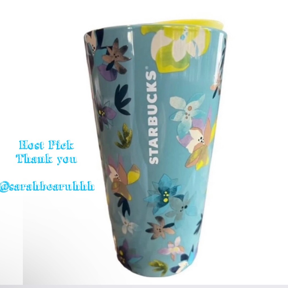 Starbucks Blue Magnolia 2023 Double Wall Ceramic Floral Tumbler 12oz  Yellow Lid
